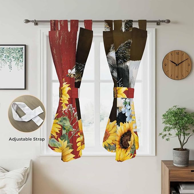 Cows Sunflowers Living Room Curtains 84 Inch Length, Window Curtains Tab Top, Rustic Farms Barns Flowers Bees Animals Light Filtering Window Treatments Drapes 42"x84" 2 Panel