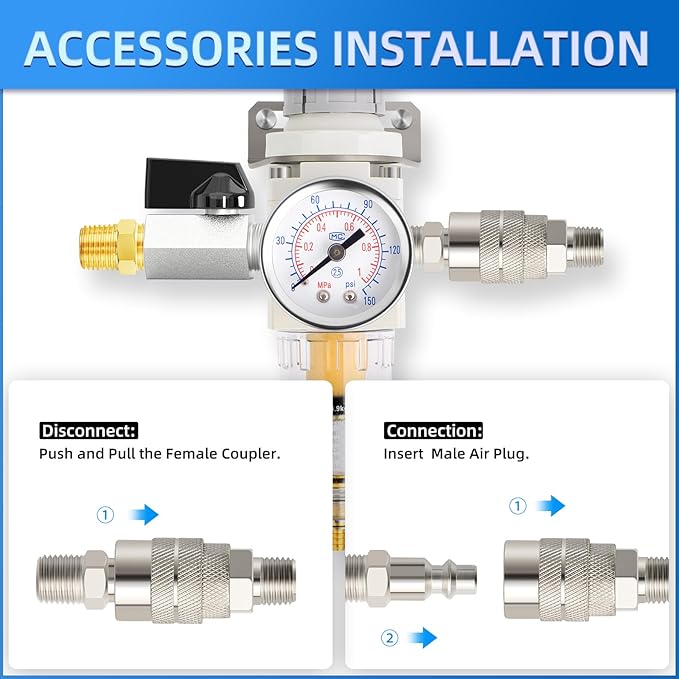 MEANLIN Air Compressor Moisture Filter, AW2000 Air Line Filter, 1/4" NPT Inlet with 150 PSI Gauge and Valve Shut Off Switch for Air Tools and Spray Paint Gun