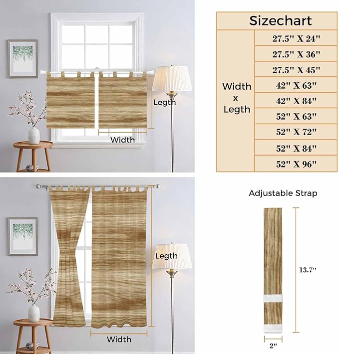 Light Brown Wood Grain Bedroom Curtains 63 Inch Length, Window Curtains Tab Top, Western Farmhouse Barn Door Light Filtering Window Treatments Drapes 42"x63" 2 Panel