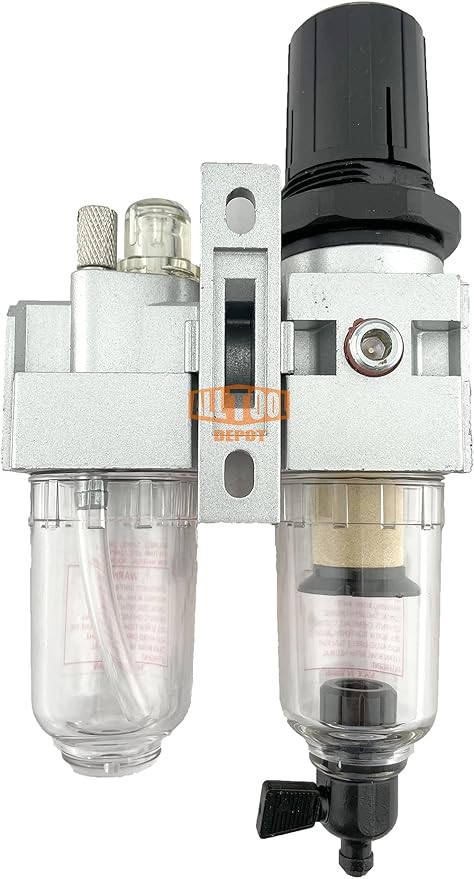 1/4" NPT Mini Compressed Air In Line Filter Regulator Lubricator Oiler Combo Piggyback, Poly Bowl And Metal Body, 5 Micron Element, Adjustable From 7 to 140 PSI (MANUAL DRAIN)
