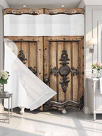 Wood Barn Door No Hook Shower Curtain with Snap in Liner Set, Waterproof Shower Curtains for Bathroom, Wooden Plank Fabric Shower Curtain, See Through Mesh Top Window, 66" W x 72" L