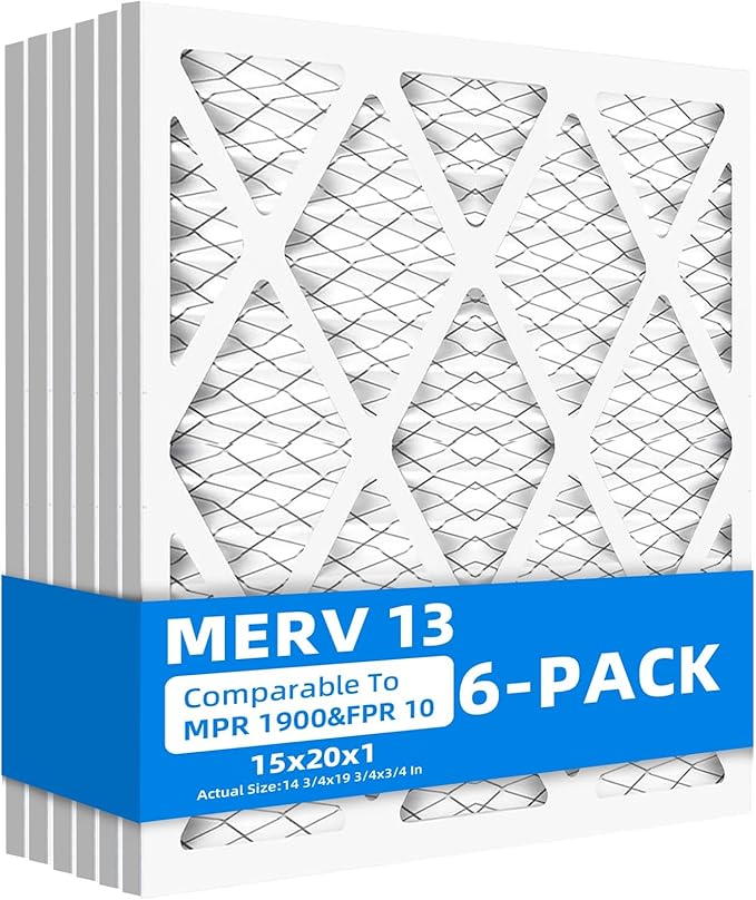 (6 Pack) 15x20x1 Air Filter, MPR 1900 & FPR 10, MERV 13 Pleated Air Filter (Actual Size: 14.75x19.75x0.75 inch)