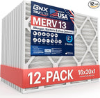 BNX TruFilter 16x20x1 MERV 13 (12-Pack) AC Furnace Air Filter - MADE IN USA - Electrostatic Pleated Air Conditioner HVAC AC Furnace Filters - Removes Pollen, Mold, Bacteria, Smoke