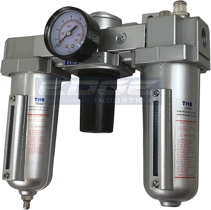 HEAVY DUTY INDUSTRIAL RATED 3 STAGE COMBINATION FILTER REGULATOR LUBRICATOR AIR LINE PARTICULATE FILTER MOISTURE TRAP LUBRICATOR OILER REGULATOR CLEAN AIR TOOLS (1/2" NPT, 5oz BOWL)