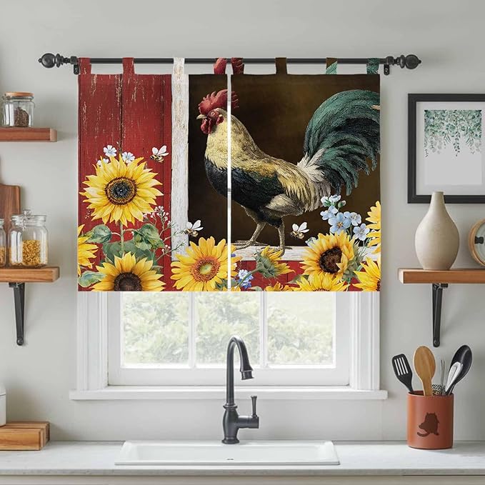 Chicken Sunflowers Kitchen Curtains 45 Inch Length, Short Cafe Window Curtains Tab Top, Farmhouse Animals Red Barn Bees Light Filtering Window Treatments Tier Drapes 27.5"x45" 2 Panel