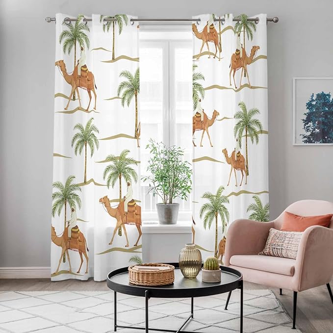 2 Panel Kitchen Cafe Curtains, Desert Camels Sunlight Filtering Nature Air Through, Home Decor Window Covering Tier Curtains for Bedroom Living Room 104W x 96L inch Tropical Date Palm Trees Animal