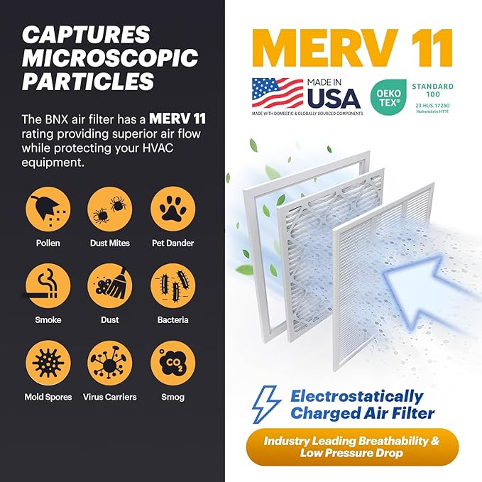BNX TruFilter 18x18x1 Air Filter MERV 11 (6-Pack) - MADE IN USA - Allergen Defense Electrostatic Pleated Air Conditioner HVAC AC Furnace Filters for Allergies, Dust, Pet, Smoke, Allergy MPR 1200 FPR 7