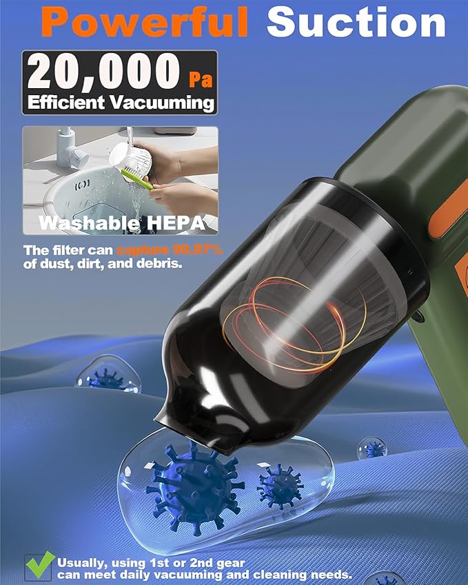 Powerful 2-in-1 Compressed Air Duster & Handheld Car Vacuum Cleaner with LED Light & 4-Gear Adjustable 150KRPM Brushless Motor, Rechargeable Cordless Mini Blowe for Car, Home, PC (2-in-1 Green)