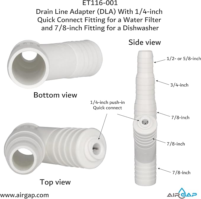 Drain Line Adapter (DLA) With 1/4-inch Quick Connect Fitting for a Water Filter and 7/8-inch Fitting for a Dishwasher (ET116-001, D-25QC, DLA-D)