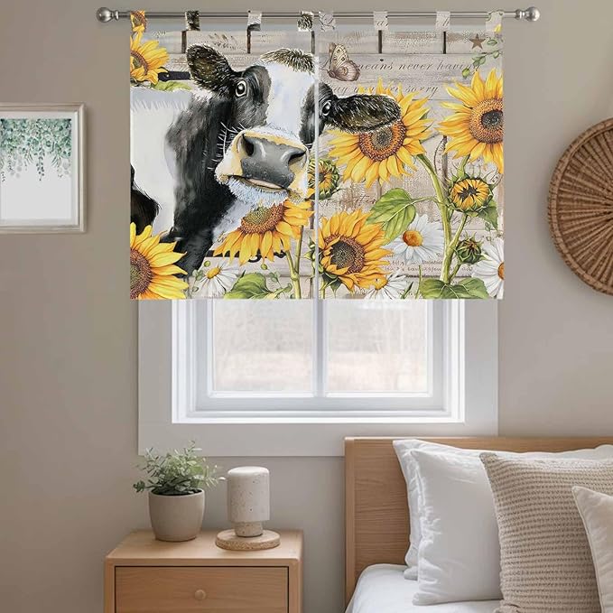 Yellow Sunflowers Kitchen Curtains 45 Inch Length, Short Cafe Window Curtains Tab Top, Farmhouse Cow Barn Doors Floral Butterfly Light Filtering Window Treatments Tier Drapes 27.5"x45" 2 Panel