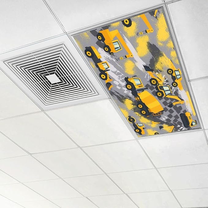 4 Pcs Fluorescent Light Covers for Ceiling Lights Yellow Construction Vehicles Excavators Cranes Trucks Gray Decorative Magnets Light Filters for Office Home Classroom Must Haves 4’ x 2’