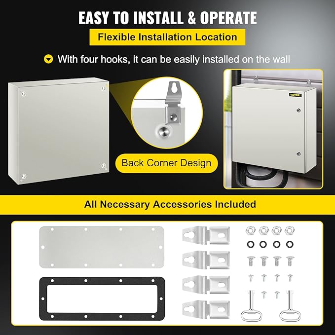VEVOR NEMA Steel Enclosure, 24 x 24 x 8'' NEMA 4X Steel Electrical Box, IP66 Waterproof & Dustproof, Outdoor/Indoor Electrical Junction Box, with Mounting Plate