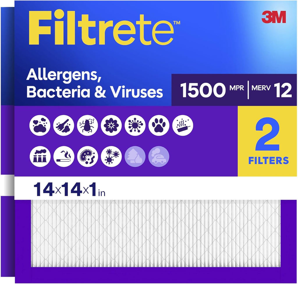 Filtrete 14x14x1 Air Filter, MERV 12, MPR 1500, Allergens, Bacteria & Viruses, 3-Month AC and Furnace Filters, Cleaner Air, Reliable Airflow, 2 HVAC Filters (Actual Size 13.81 x 13.81 x 0.78 in)