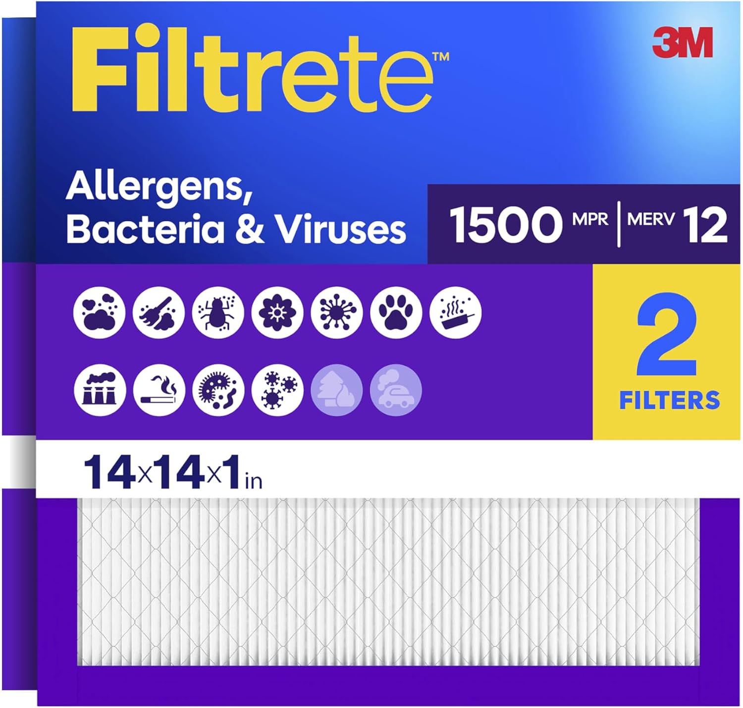 Filtrete 14x14x1 Air Filter, MERV 12, MPR 1500, Allergens, Bacteria & Viruses, 3-Month AC and Furnace Filters, Cleaner Air, Reliable Airflow, 2 HVAC Filters (Actual Size 13.81 x 13.81 x 0.78 in)