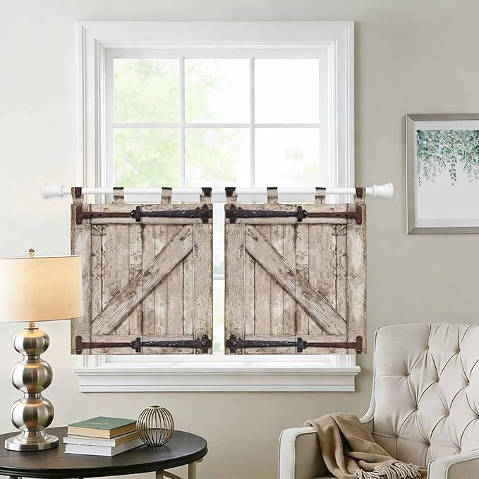 Farmhouse Wood Grain Kitchen Curtains 24 Inch Length, Small Window Curtains Tab Top, Vintage Country Barn Gate Brown Light Filtering Short Window Treatments Tier Drapes 27.5"x24" 2 Panel
