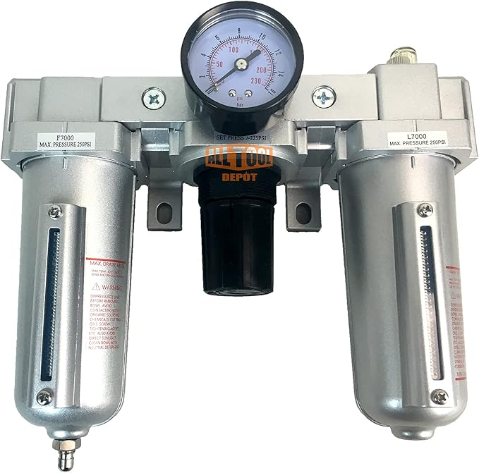 1/2" NPT HEAVY DUTY Compressed Air In Line Filter Regulator Lubricator Oiler Combo, Metal Bowl, 5 Micron Element, Adjustable From 7 to 215 PSI (MANUAL DRAIN)
