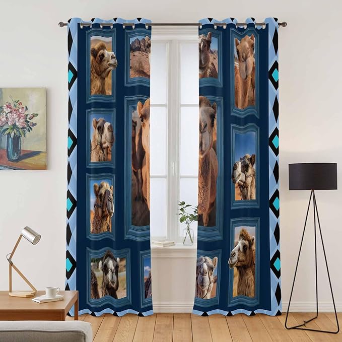2 Panel Kitchen Cafe Curtains, Desert Camels Sunlight Filtering Nature Air Through, Home Decor Window Covering Tier Curtains for Living Room 80W x 84L inch Wildlife Brown Animals Blue Geometric