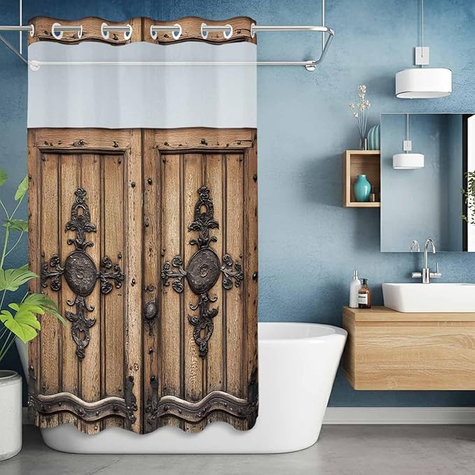 Wood Barn Door No Hook Shower Curtain with Snap in Liner Set, Waterproof Shower Curtains for Bathroom, Wooden Plank Fabric Shower Curtain, See Through Mesh Top Window, 36" W x 72" L