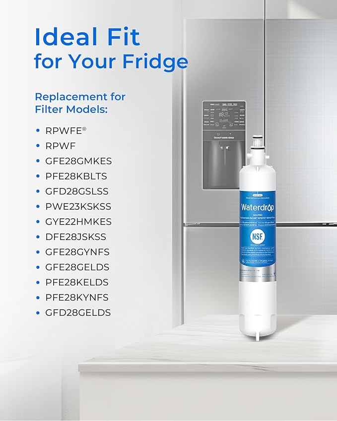 Waterdrop WD-F19C Replacement for GE® RPWFE®, RPWF (with CHIP) Refrigerator Water Filter, Compatible with GFE28GBLTS, GFE28GGKBB, GFE28GSKSS, PFE28KSKSS, PFE28KMKES, 3 Filters Package May Vary