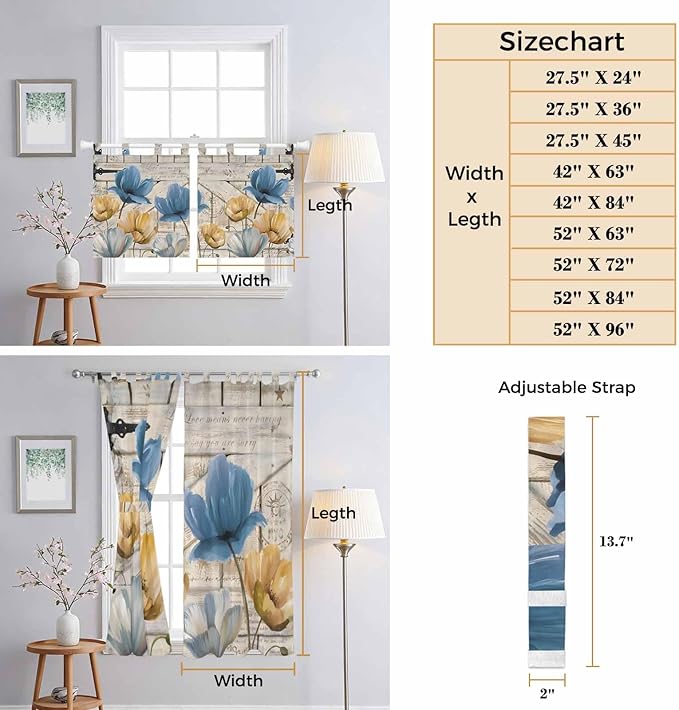 Blue Yellow Tulips Living Room Curtains 84 Inch Length, Window Curtains Tab Top, Retro Farmhouse Flower Barn Doors Wooden Light Filtering Window Treatments Drapes 52"x84" 2 Panel