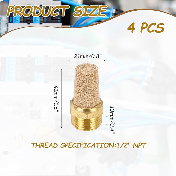 MECCANIXITY 4pcs Male Air Pneumatic Mufflers 1/2" NPT Male Sintered Bronze Muffler Air Line Fittings for Pneumatic Tool and Industrial Machinery