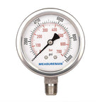 MEASUREMAN 2-1/2" dial,Glycerin Filled Hydraulics Pressure Gauge Stainless Steel case, 316 SS Wetted Part, 0-10000psi/bar1/4 NPT,Lower Mount