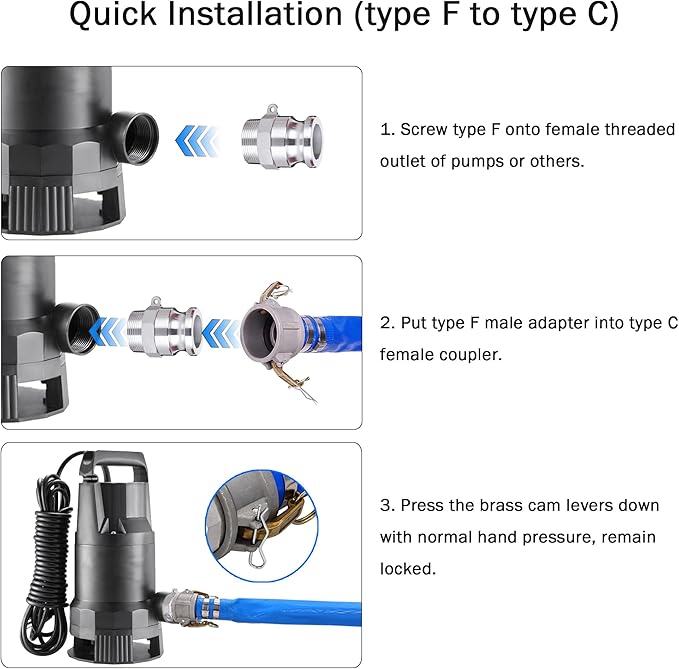 DAVCO 2" ID × 25 ft PVC Lay Flat Discharge Hose, Heavy Duty Reinforced Blue Pool Backwash Hoses For Swimming Drain Pools, with Aluminum Camlock C and E Fittings, Cam Lock Fitting Type F included