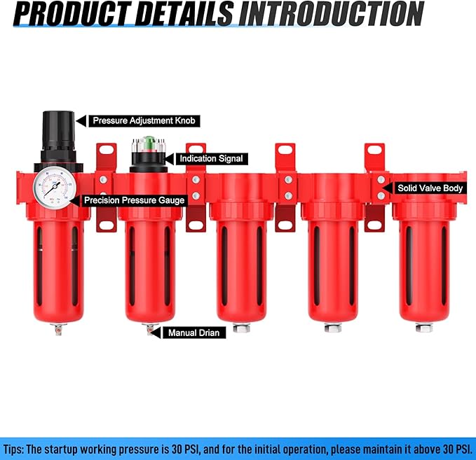 1/4" NPT Industrial Grade 5 Stage Aluminum Air Drying System, Coalescing Filter, Particulate Filter, Triple Desiccant Dryer and Air Regulator, Manual Drain For Plasma Cutter and Paint Spray