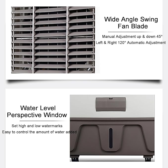 Portable Evaporative Air Cooler with 4 Wheels, Large Water Tank, Wide Oscillation, Multiple Speeds for Large Room Cooling