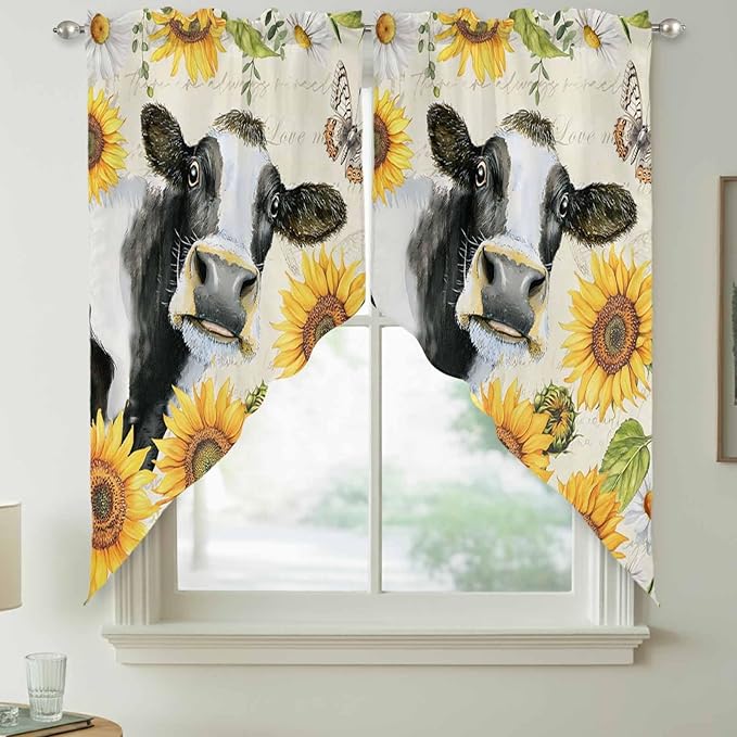 Yellow Sunflowers Swag Valances for Windows, Country Cow Flower Butterfly Farmhouse Cream Rod Pocket Kitchen Curtains Valance, Small Window Curtains Swag for Cafe Living Room, 2 Panels, 28x36 inch