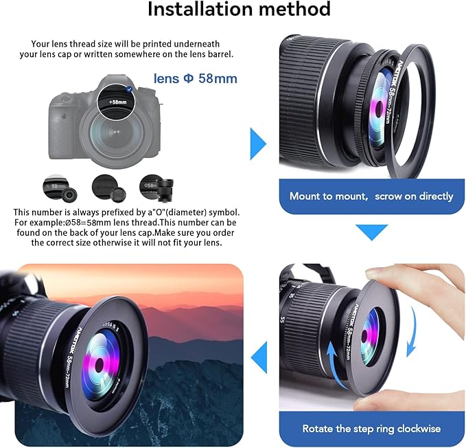 58mm to 72mm Camera Filters Ring Compatible All 58mm to 72mm UV CPL ND Filter Accessory and Lens Hood