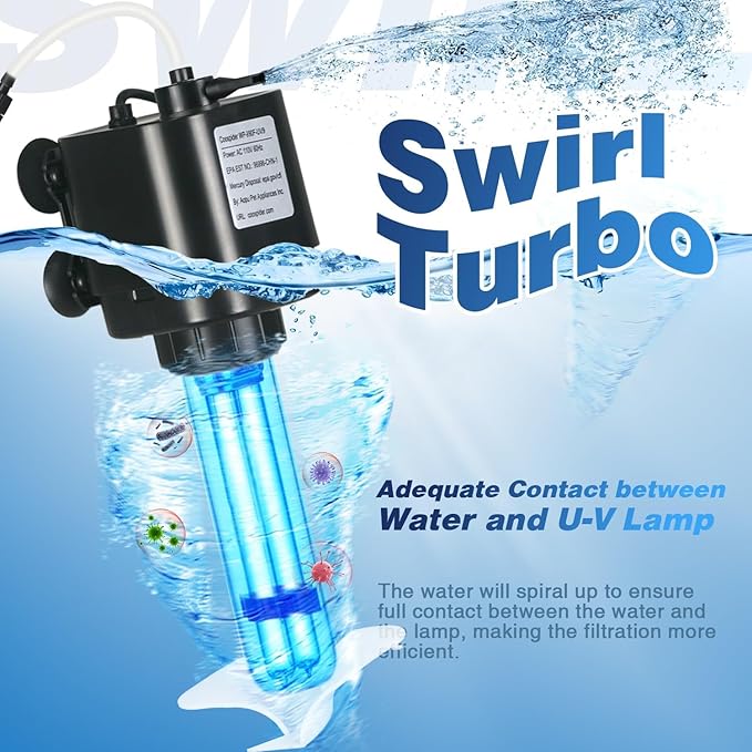 Aquarium U-V Filter for 40-75 Gal, 211 GPH Swirl Turbo Design Submersible Internal Turtle Fish Tank Filter w/Timer, Quiet Power Pump Air Supply Green Clean Machine Saltwater Freshwater Green Killing