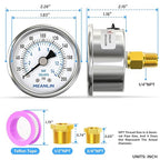 MEANLIN MEASURE 0~200Psi Dry Pressure Gauge Stainless Steel 1/4" NPT 2" FACE DIAL Waterproof for Air Compressor Air Regulator Water Filter Center Back Mount, with 1/2" NPT and 3/8" NPT Hex Bushing
