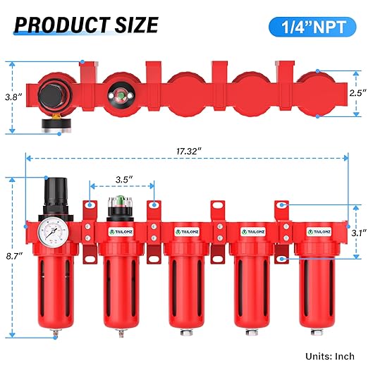 TAILONZ PNEUMATIC 0-150PSI 1/4 Inch NPT Red Industrial Grade 5 Stage Air Drying System, Particulate Filter, Coalescing Filter, Three Desiccant Dryer and Air Regulator (Manual Drainage)