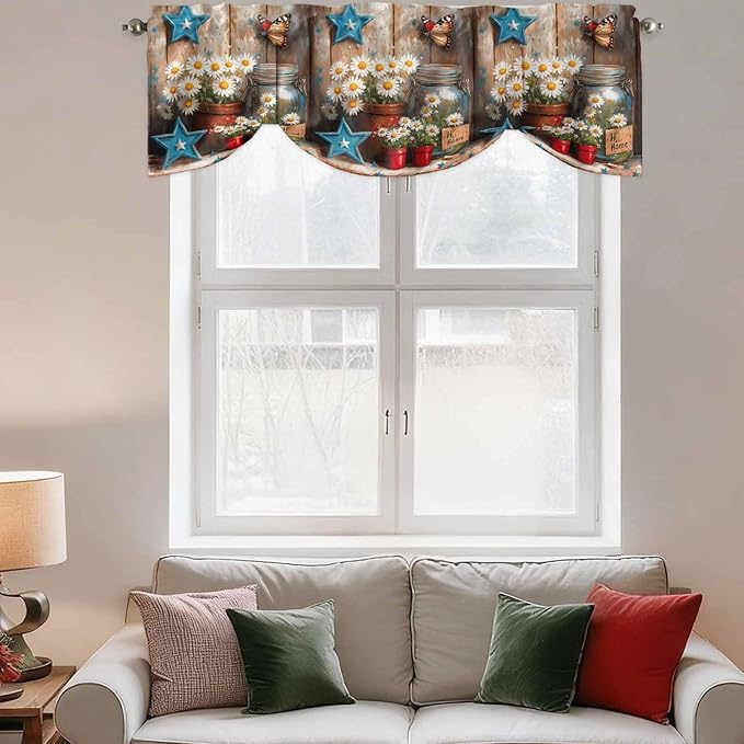 Country Flower Tie Up Valance for Window, Western Texas Star Butterfly Barn Door Adjustable Balloon Window Shade Valance Curtain for Kitchen Cafe Bathroom Window Treatment Panel 42''x12''