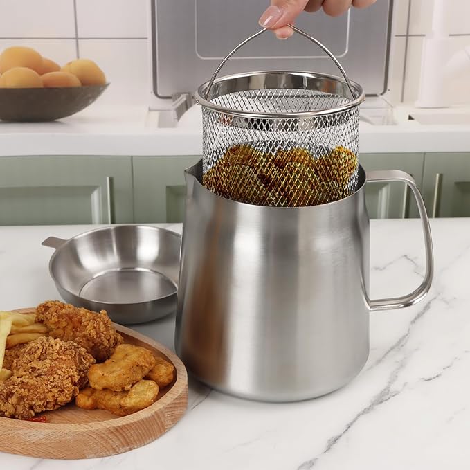 68oz 304 Stainless Steel Oil Filter Pot, Heavy Duty Bacon Grease Container & Deep Fryer Basket, Large Capacity Multi-function Oil Filter Vessel with Strainer for Kitchen Storing Frying Cooking Grease
