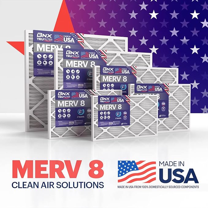 BNX 16x20x1 MERV 8 Air Filter 2 Pack - MADE IN USA - Electrostatic Pleated Air Conditioner HVAC AC Furnace Filters - Removes Dust, Mold, Pollen, Lint