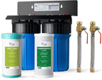 iSpring WGB21B-KS+AHPF12MNPT16X2 2-Stage Whole House Water Filtration System w/ 3/4'' Push-Fit Braided Stainless Steel Hose Connectors, Removes Chlorine, Lead, Odor and More, 1" Inlet/Outlet Ports