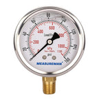 MEASUREMAN Lead-Free Pressure Gauge, 2-1/2inch Dial, Glycerin Filled, 0-160psi/kpa, Stainless Steel Case, 1/4inchNPT Lower Mount