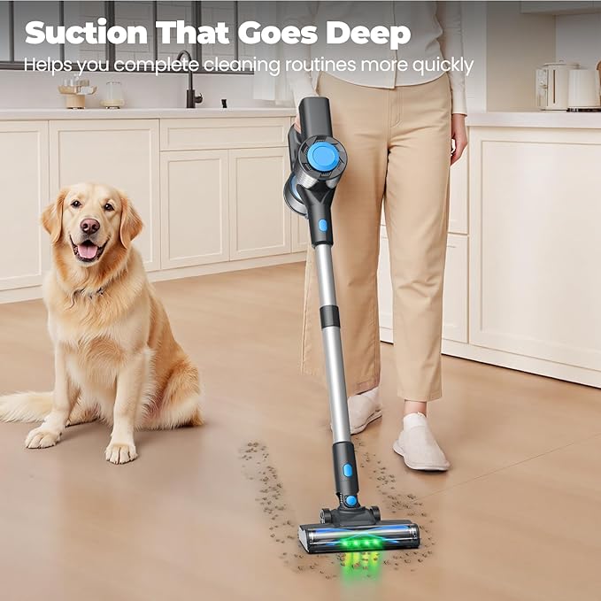 Cordless Vacuum Cleaner, Powerful Lightweight Stick Vacuum with Self-Standing, Anti-Tangle, 8-in-1 Rechargeable Vacuum Cleaners for Home, Hardwood Floors, Carpet, Pet Hair (Navy)