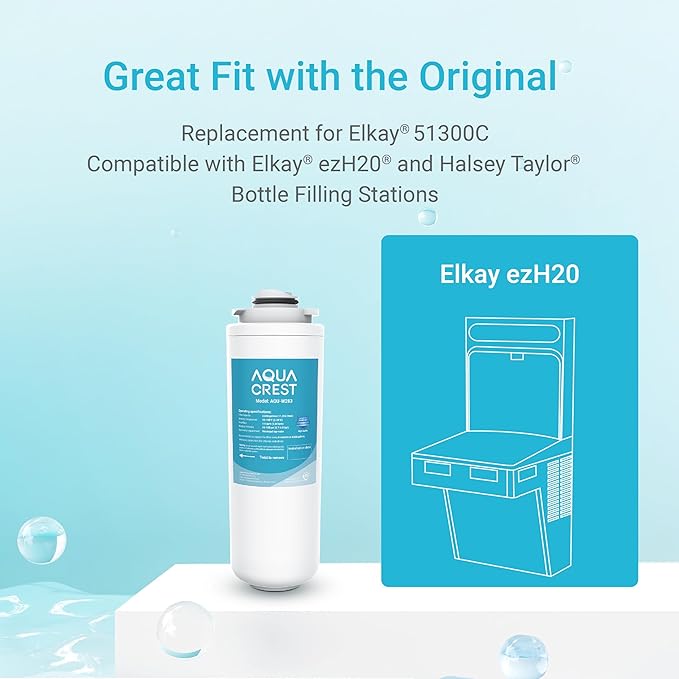 AQUA CREST Replacement Filter for Elkay® 51300C, [No CHIP] Compatible with Elkay® ezH20® and Halsey Taylor® Bottle Filling Stations, NSF/ANSI 42, Reduces Chlorine, Bad Taste & Odor, 2 Packs