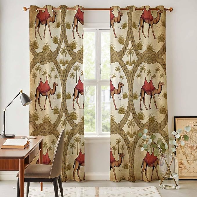 2 Panel Kitchen Cafe Curtains, Brown Desert Camels Sunlight Filtering Nature Air Through, Window Decor Tier Curtains for Living Room 104W x 96L inch Tropical Date Coconut Trees Cords Leaves