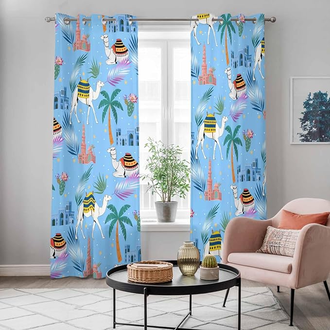 2 Panel Kitchen Cafe Curtains, Desert Landscape Sunlight Filtering Nature Air Through, Window Decor Tier Curtains for Living Room 104W x 96L inch Cute Camels Palm Trees Houses Leaves Blue