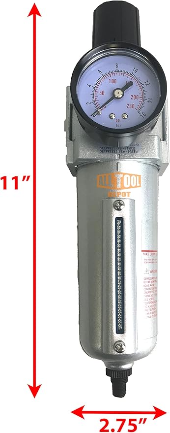 1/2" NPT HEAVY DUTY Compressed Air In Line Filter Regulator Combo Piggyback, Metal Bowl, 5 Micron Element, Adjustable From 7 to 175 PSI (AUTO DRAIN)