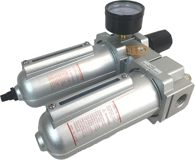 1/2" NPT HEAVY DUTY Compressed Air In Line Filter Regulator Lubricator Oiler Combo Piggyback, Metal Bowl, 5 Micron Element, Adjustable From 7 to 175 PSI (AUTO DRAIN)
