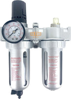 1/4" NPT Mid Flow Compressed Air In Line Filter Regulator Lubricator Oiler Combo Piggyback, Poly Bowl And Metal Body, 5 Micron Element, Adjustable From 7 to 145 PSI (MANUAL DRAIN)