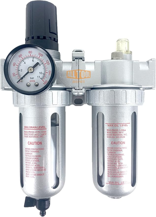 1/4" NPT Mid Flow Compressed Air In Line Filter Regulator Lubricator Oiler Combo Piggyback, Poly Bowl And Metal Body, 5 Micron Element, Adjustable From 7 to 145 PSI (MANUAL DRAIN)