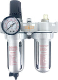 1/2" NPT Mid Flow Compressed Air In Line Filter Regulator Lubricator Oiler Combo Piggyback, Poly Bowl And Metal Body, 5 Micron Element, Adjustable From 7 to 145 PSI (MANUAL DRAIN)