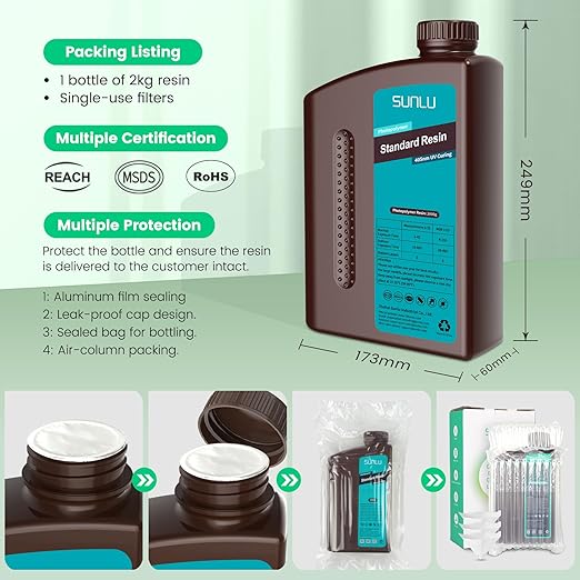 SUNLU 3D Printer Resin 2kg, Fast Curing Standard 3D Resin for LCD DLP SLA Resin 3D Printers, 395 to 405nm UV Curing 3D Printing Liquid Photopolymer Resin, Low Shrinkage, High Precision, 2000g, White