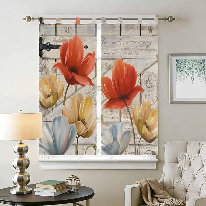 Retro Floral Bedroom Curtains 72 Inch Length, Window Curtains Tab Top, Red Yellow Tulips Barm Doors Farmhouse Wooden Light Filtering Window Treatments Drapes 52"x72" 2 Panel